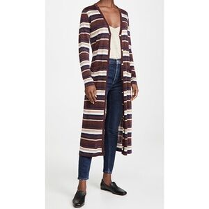 L'AGENCE Metallic Button Down Womens Size XS Lulex Burgundy Cream Striped Duster